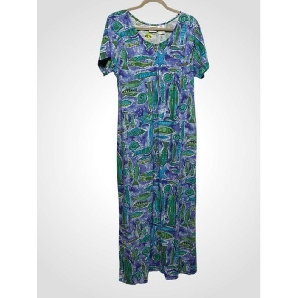 VTG 90s Line Two Fish Pattern Short Sleeve Maxi Dress Women XL Macau Rayon/Linen